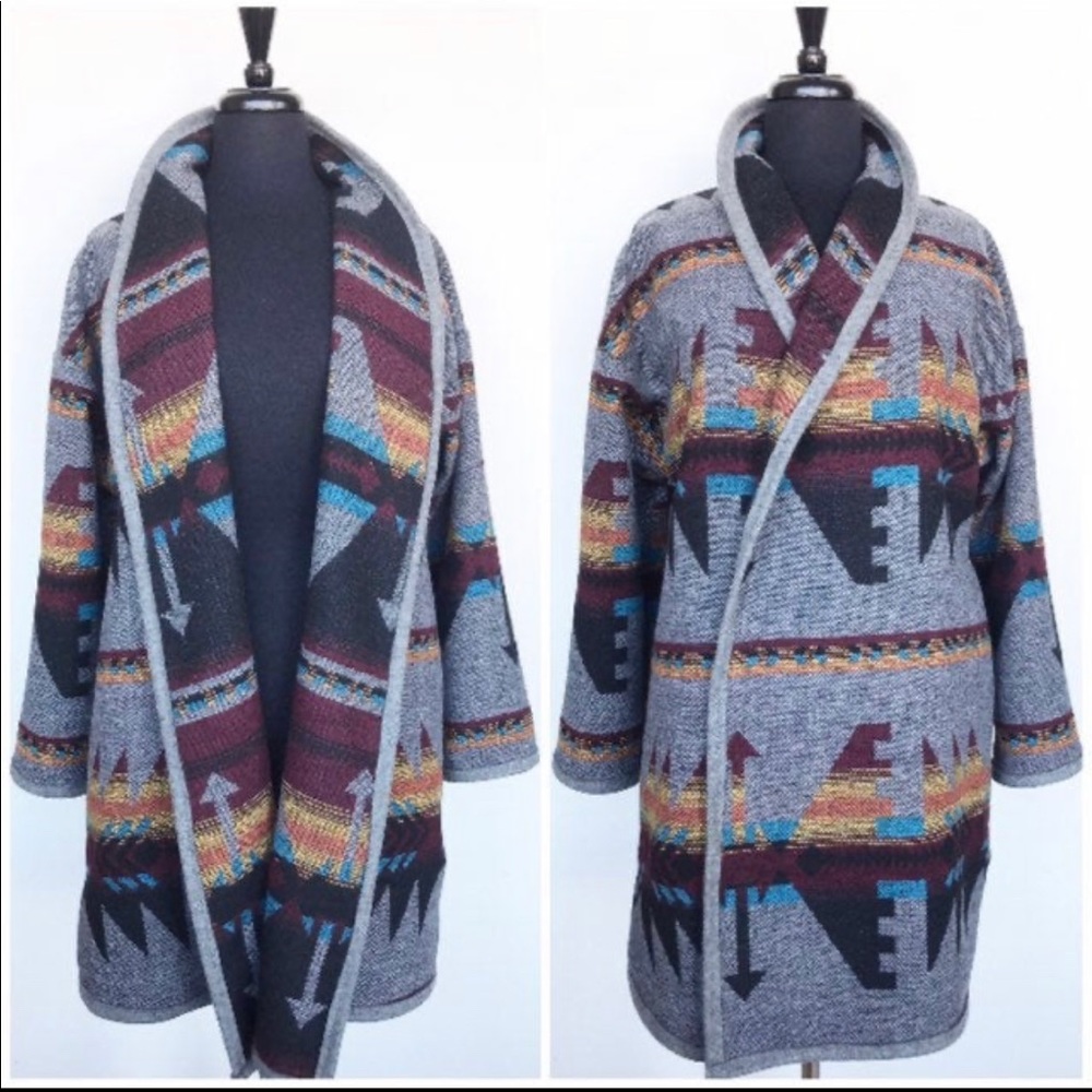 Wool Blend Cardigan Coat In Southwestern Print Yellow Orange Merlot And Blue